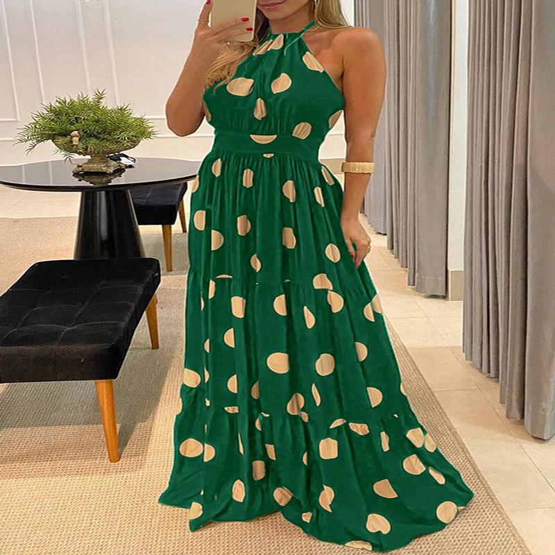 Backless Dress Green Sleeveless Print Halter Dot Fashion Maxi Yellow S(Fit for EU 38-40, US 6-8, UK/AU 10-12, IT 42-44)