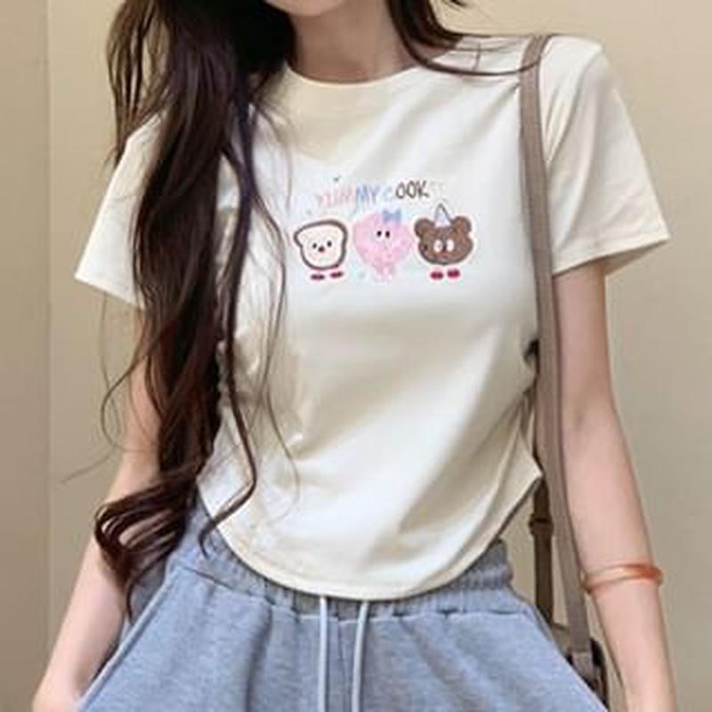 T-Shirt Embroidered Crewneck Short-Sleeve Crop Beige M