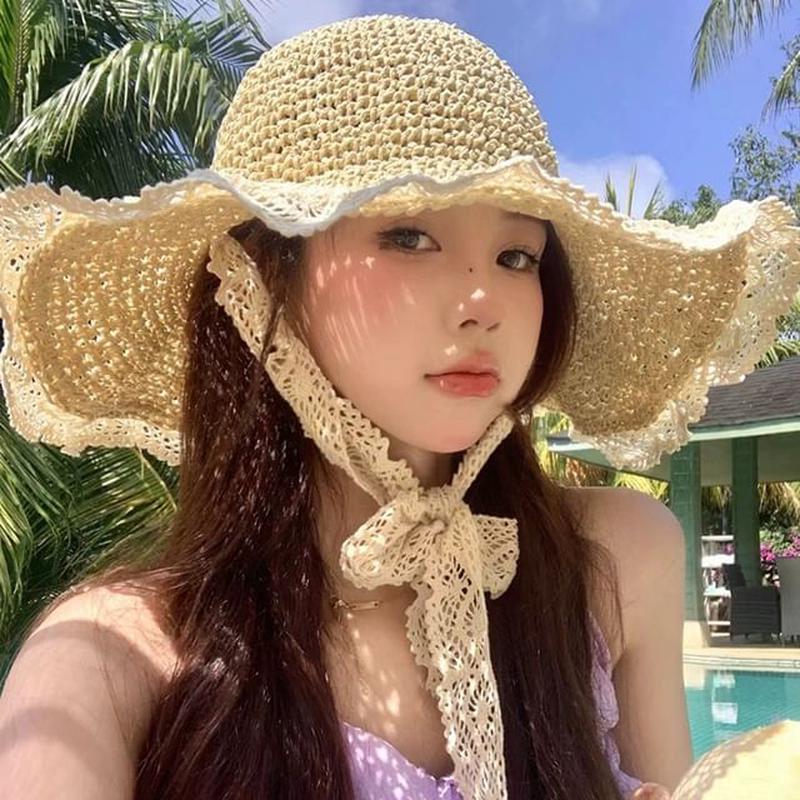 Sun Trim Lace Hat Straw Khaki M