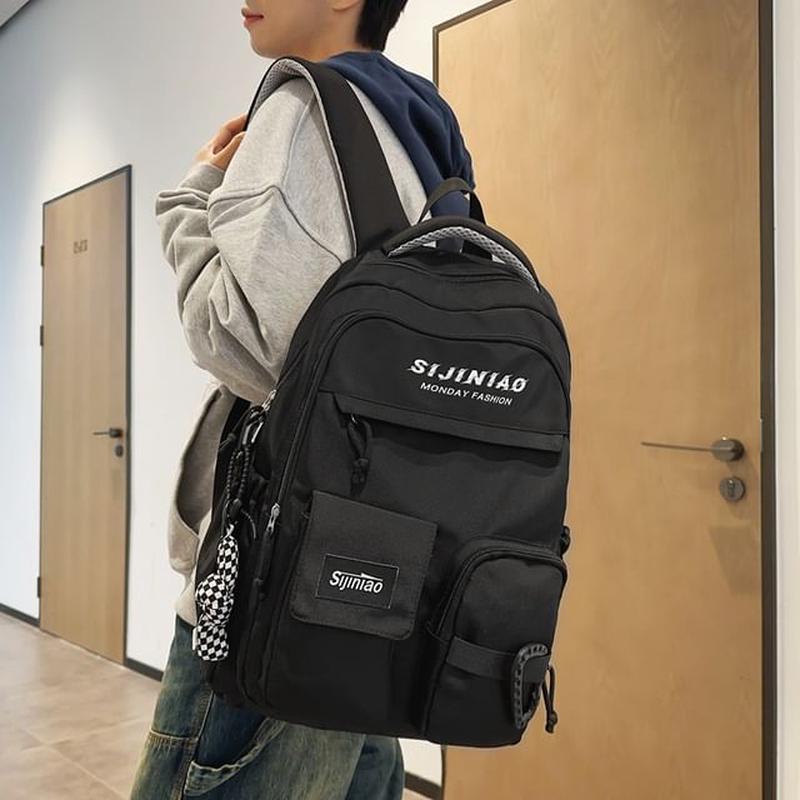 Twisted Charm / Bag Lettering Backpack Set With Knot Bag Charm - Black One Size