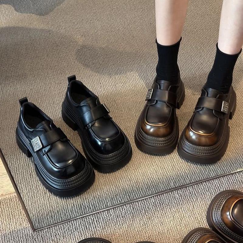 Leather Metal Adhesive Faux Accent Shoes Platform Strap Black 37