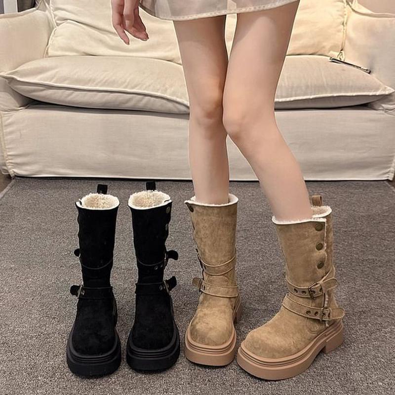 Boots Mid Calf Fur Faux Buckled Black 37