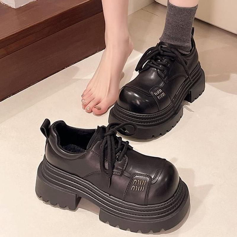 Plain Leather Platform Lace-Up Shoes Faux Black 40