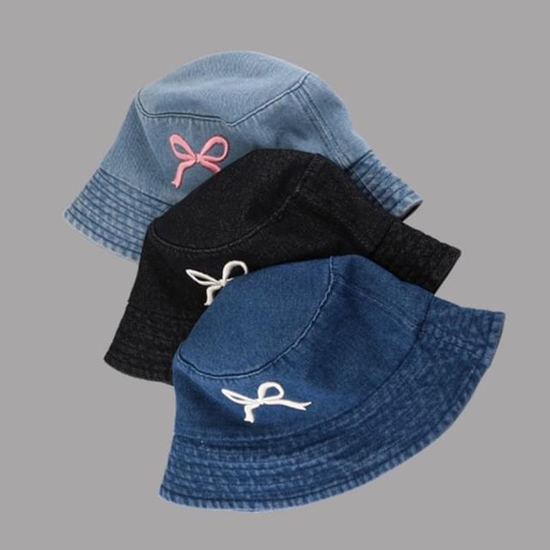 Embroidered Denim Hat Bow Bucket C3741 - Black One Size