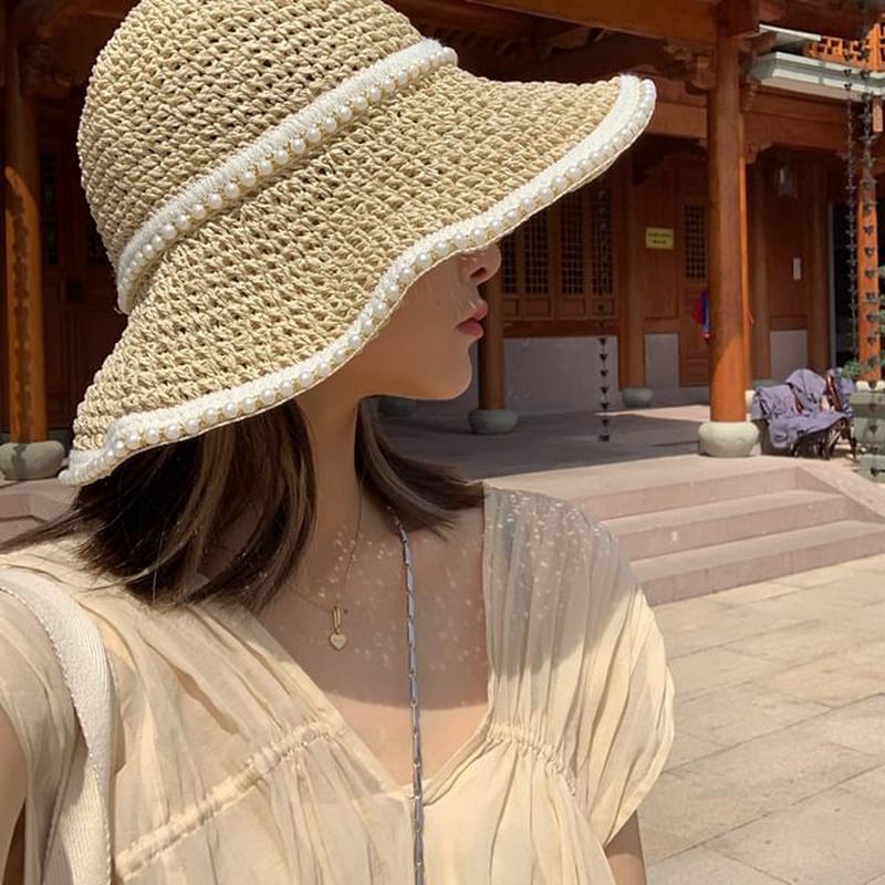 Pearl Hat Sun Straw Faux Beige One Size