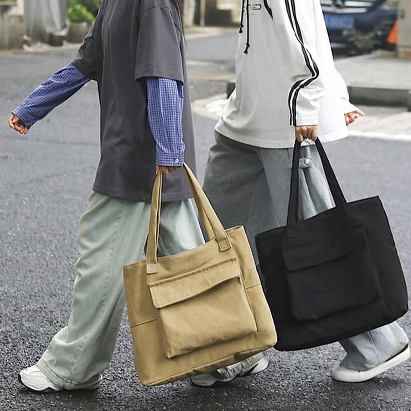 Canvas Pocket Bag Plain Flap Tote Black One Size