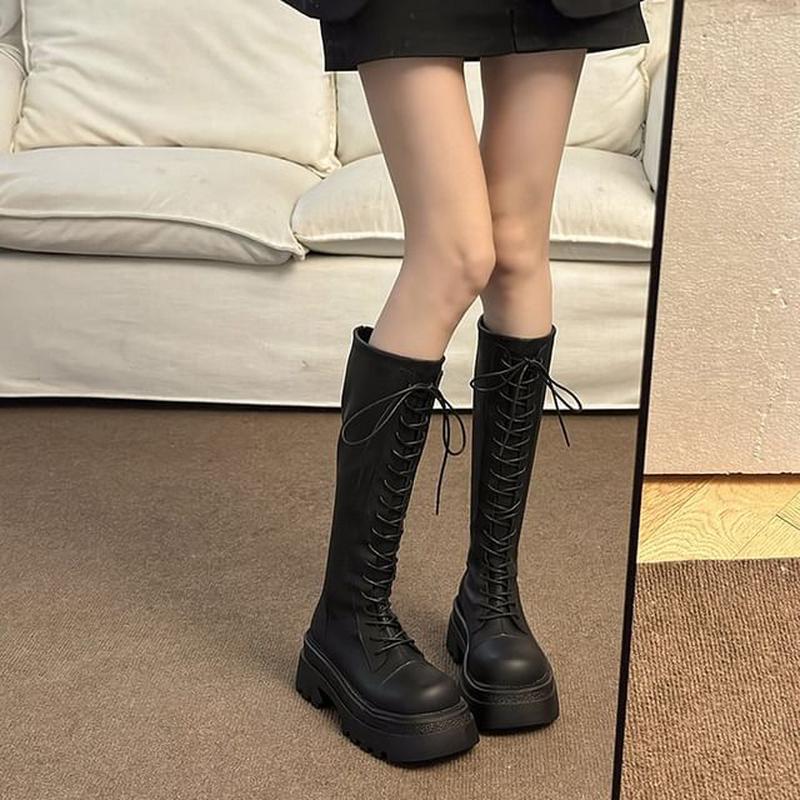 Up Boots High Lace Knee Platform Black 37
