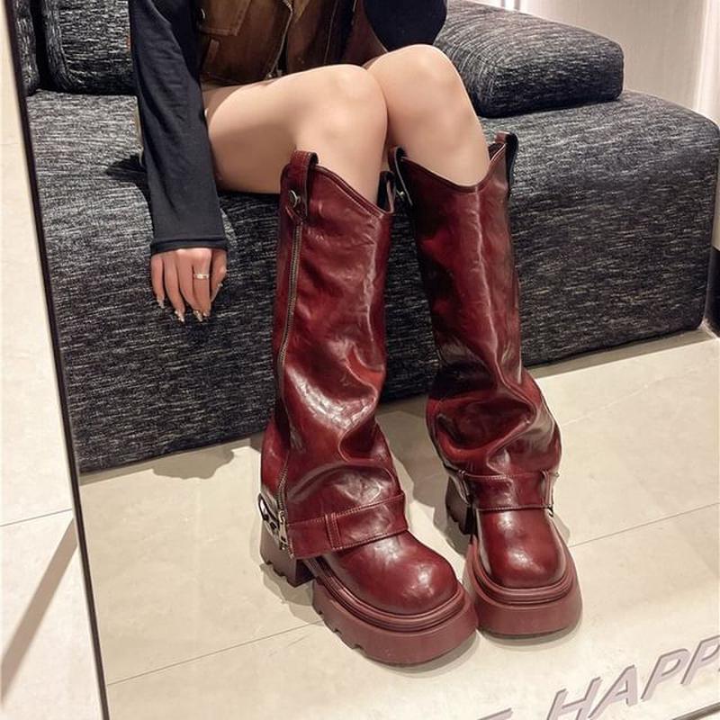 Buckled Knee Platform Boots Zip High Panel Wine Red 35