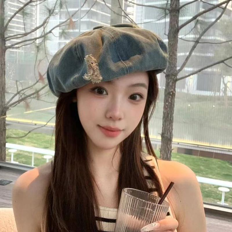 Denim Distressed Beret Light Blue One Size