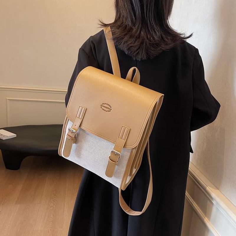 Tone Buckled Backpack Two Flap Brown One Size