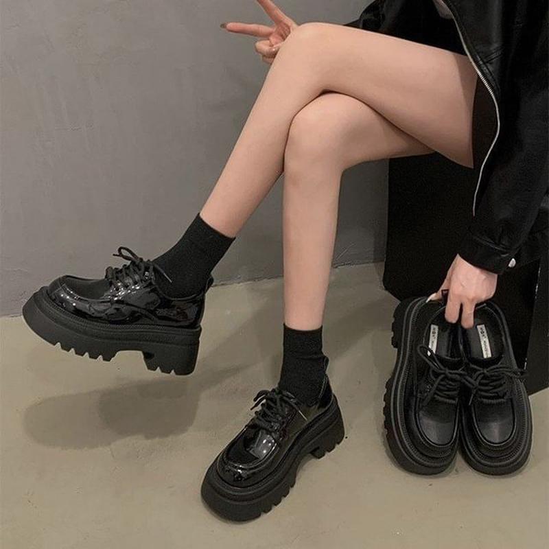 Heel Lace-Up Chunky Shoes Platform Patent - Black 39
