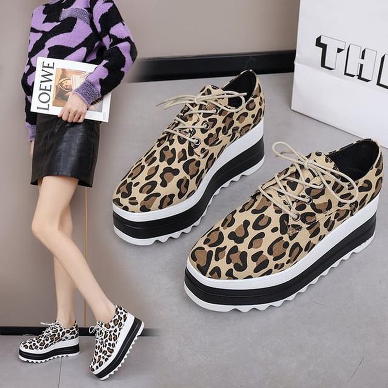 Platform Shoes Lace-Up Leopard Print Khaki 41