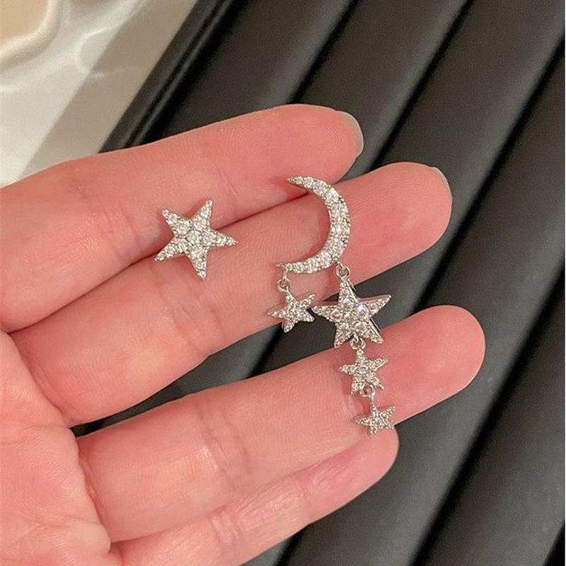 Asymmetrical Earring Star Moon Fringed Alloy