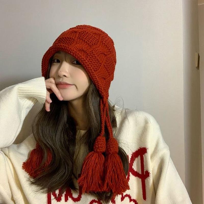Knit Hat Bonnet Tasseled Khaki M