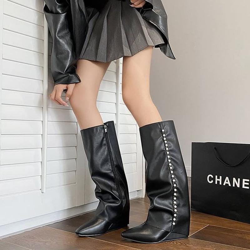 Tall Wedge Boots Pointy Beige 38