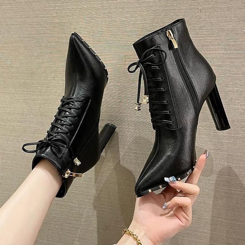 Pointed Heel High Boots Ankle Lace-Up Black 38