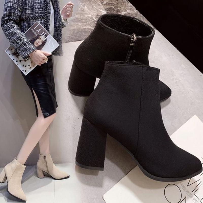 Pointed Heel Chunky Boots Ankle Black 40