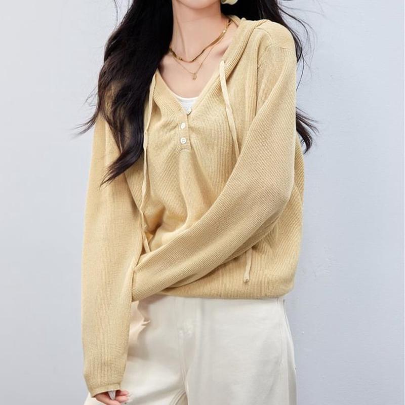 Knit Two Tone Mock V-Neck Hoodie Two-Piece Ginger Yellow S