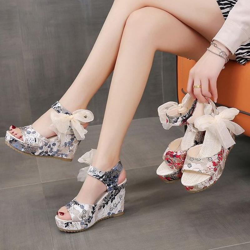 Wedge Floral Heel Sandals Bow Platform Red 39