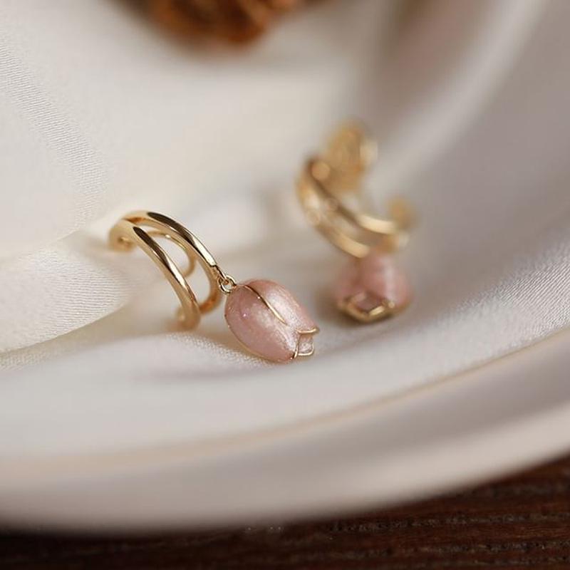 Dangle Alloy Earring Tulip 1 Pair - Stud Earrings - Pink & Gold One Size