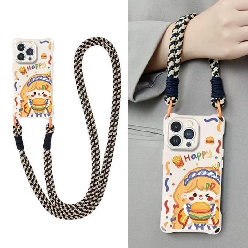 / Case Phone Burger Set Girl Strap Lanyard With Strap & Lanyard - White iPhone 15