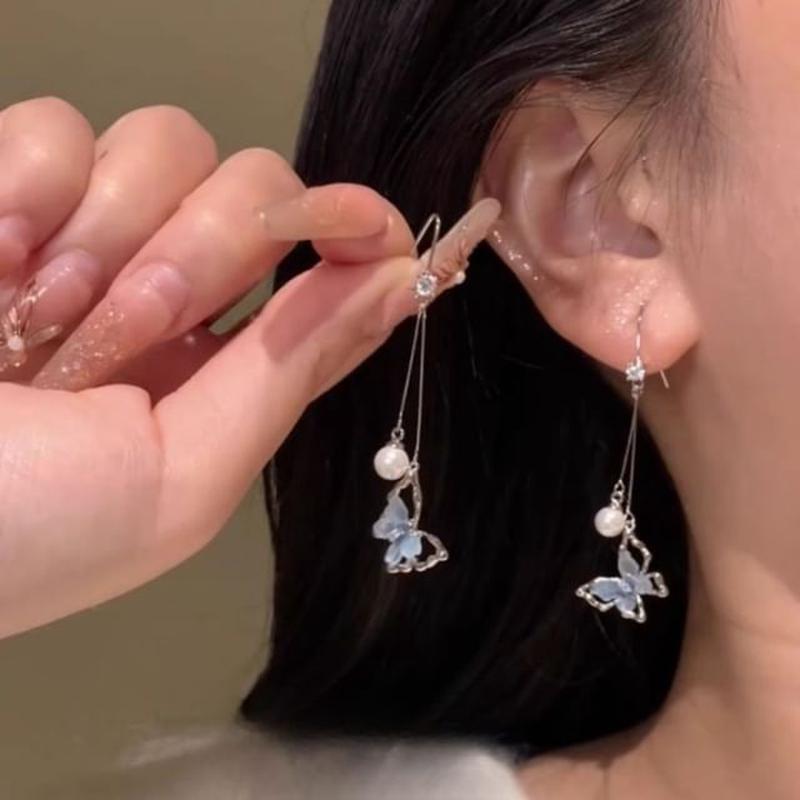 Dangle Resin Alloy Faux Pearl Butterfly Earring
