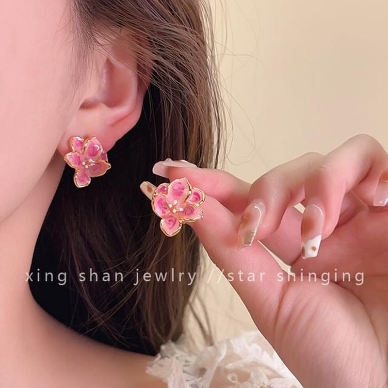 Ear Floral Glaze Clip-On / Stud Earring 1 Pair - 0204 - Ear Stud - Pink One Size