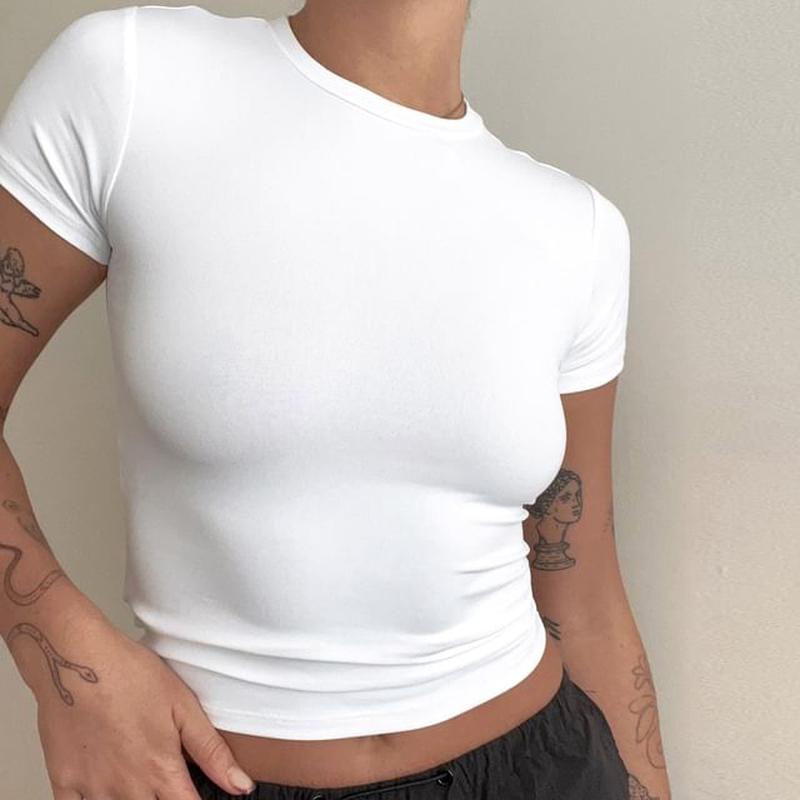 Neck Plain T-Shirt Short-Sleeve Round Pink L